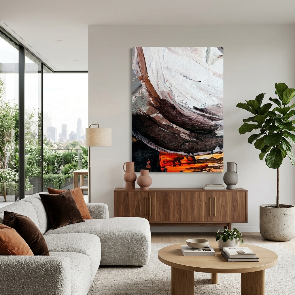 Vertikale Abstraktion in Orange, Schwarz, Braun und Weiß. Abstraktion auf Leinwand, Kunstdruck