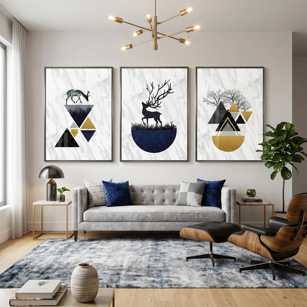 Mehrteiliger Kunstdruck auf Leinwand, Malerei auf Leinwand an der Wand, modular, Hirsch auf dem Hintergrund der geometrischen Abstraktion