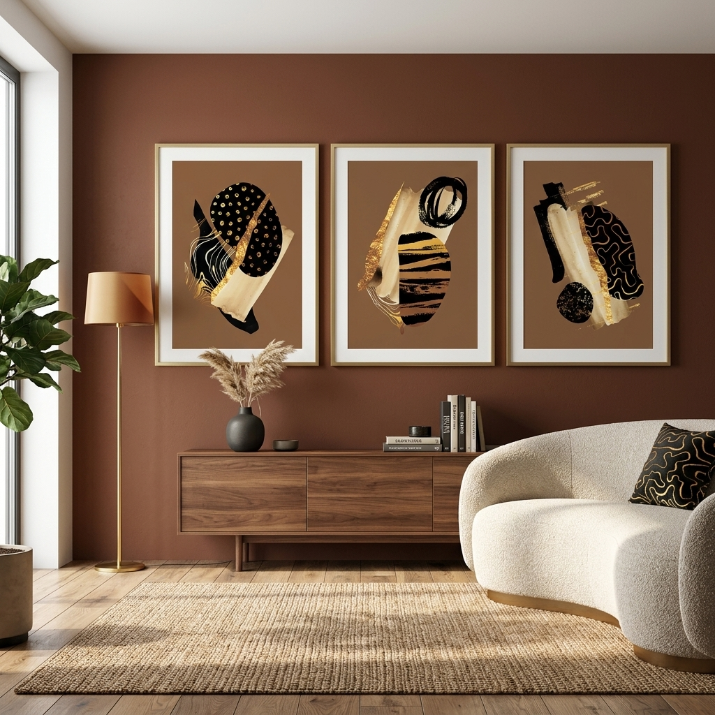 Modularer abstrakter Kunstdruck auf mehrteiliger Leinwand in den Farben Gold, Schwarz und Beige