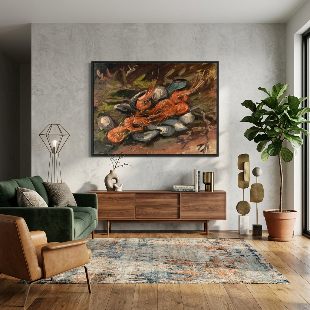 Reproduktion von Garnelen und Muscheln, Reproduktion auf Leinwand, Kunstdruck