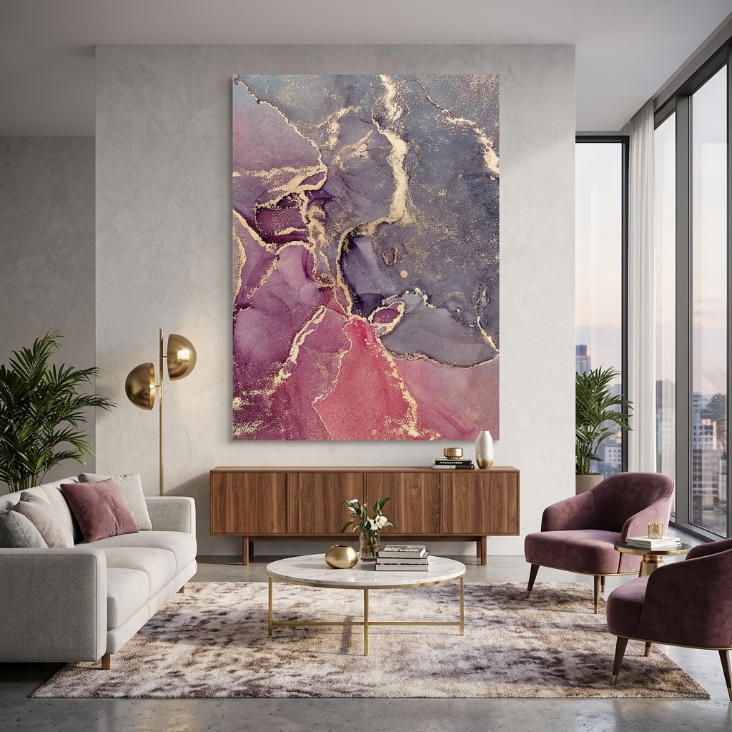 Pudergraue Farbtöne mit rot-burgunderfarbenen und goldenen Elementen Abstrakter Kunstdruck auf Leinwand