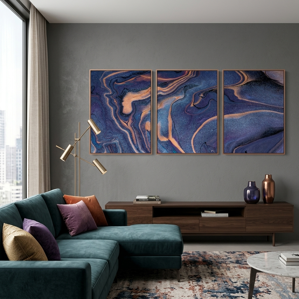 Modularer, abstrakter, puderblauer Kunstdruck auf Leinwand, mehrere Teile