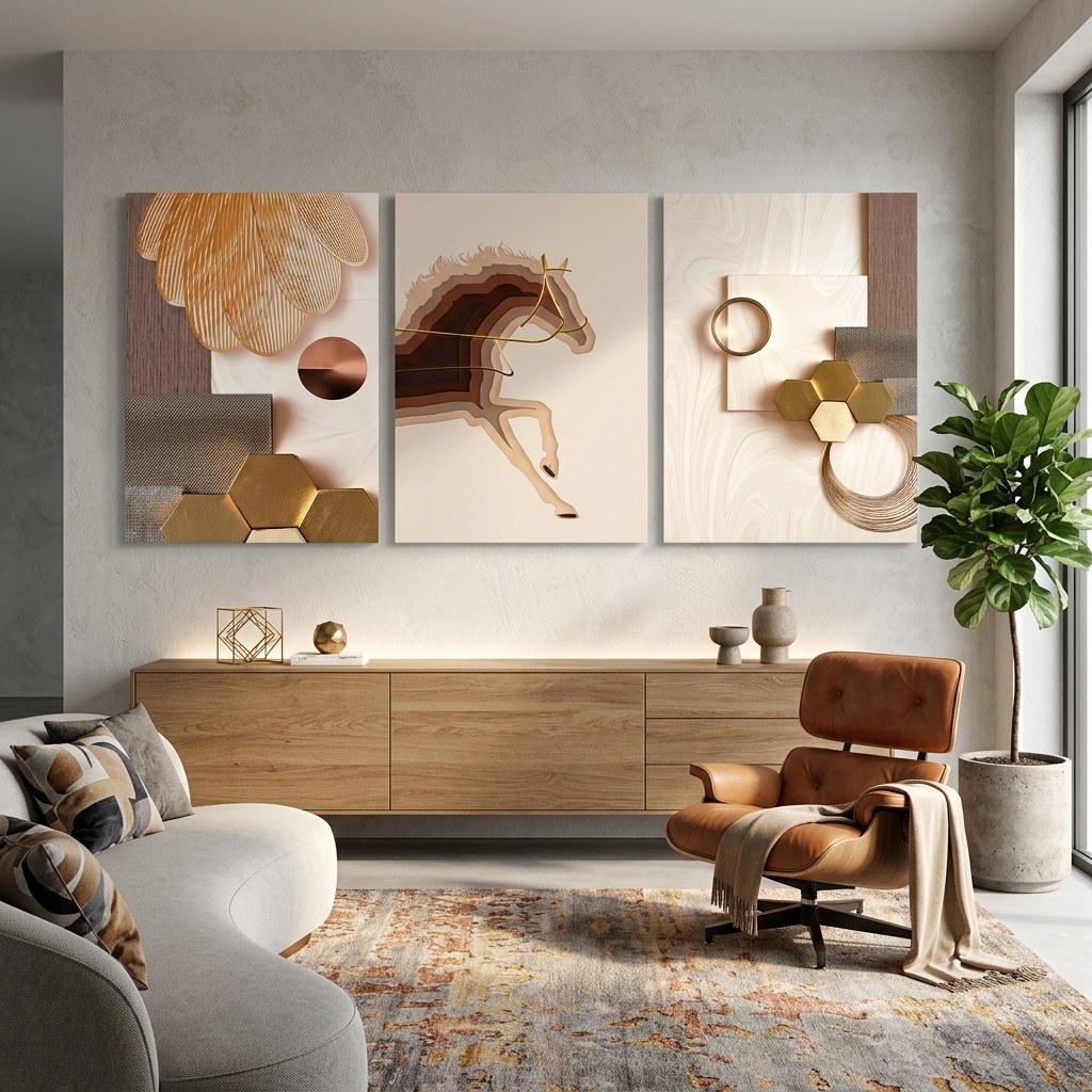 Modularer Kunstdruck auf Leinwand, mehrere Teile, in Beige- und Goldtönen