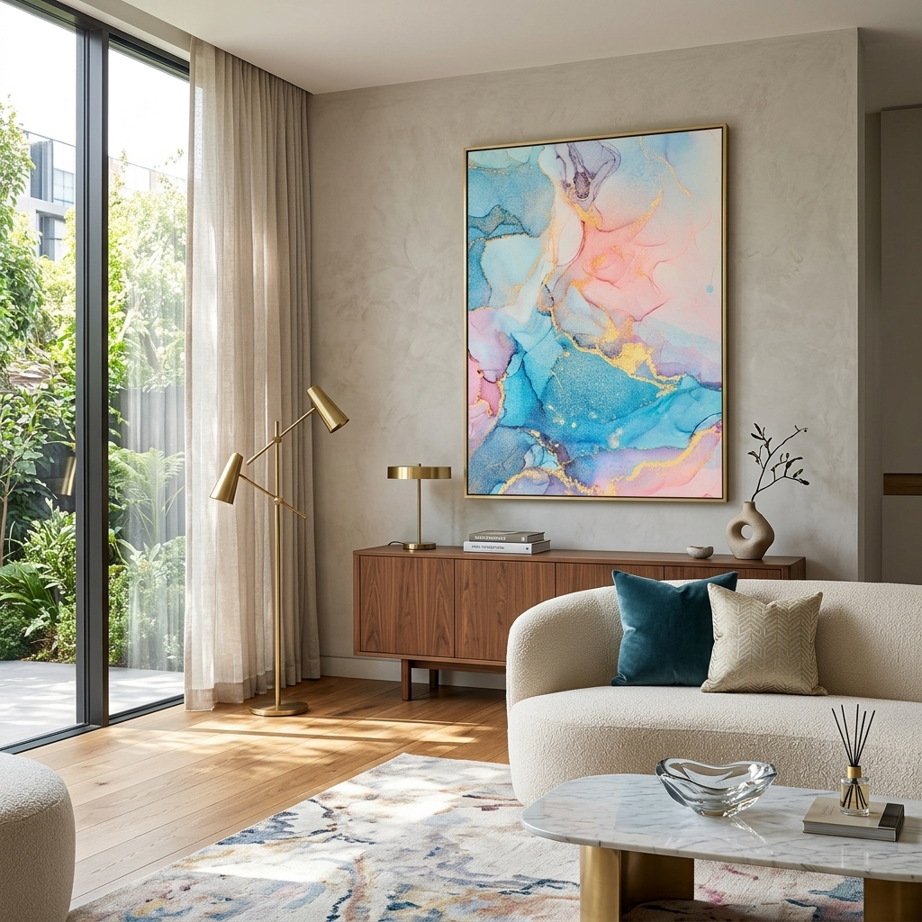 Puderrosa mit blau-goldenen Tönen Abstraktion Leinwand Wand Kunstdruck