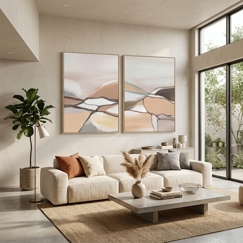 Modularer blasser abstrakter Kunstdruck mit Linien, mehrere Teile auf Leinwand