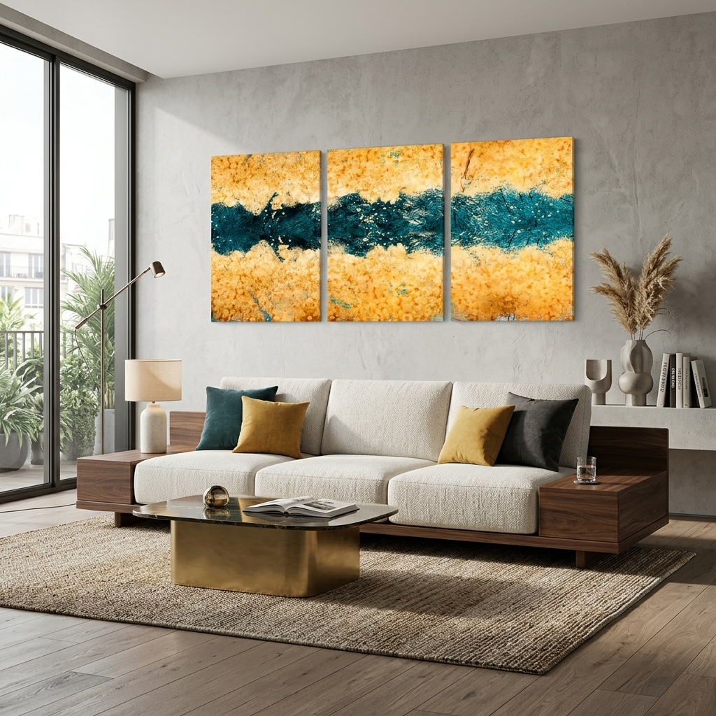 Modularer, goldener, abstrakter Kunstdruck mit dunkelgrünen Blumen, mehrere Teile auf Leinwand