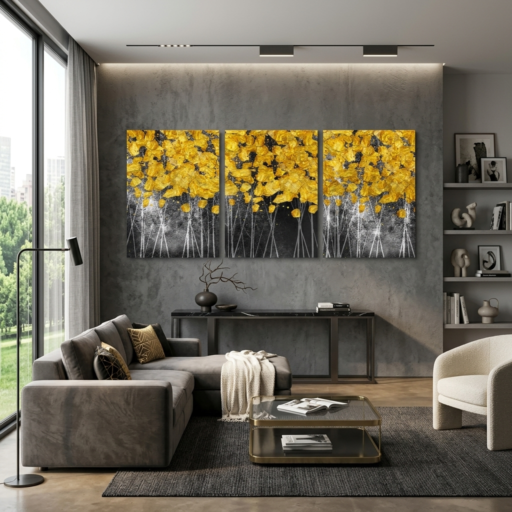 Modularer Kunstdruck auf Leinwand, mehrteilig, mit goldenen Punkten auf dunkelgrauem Hintergrund