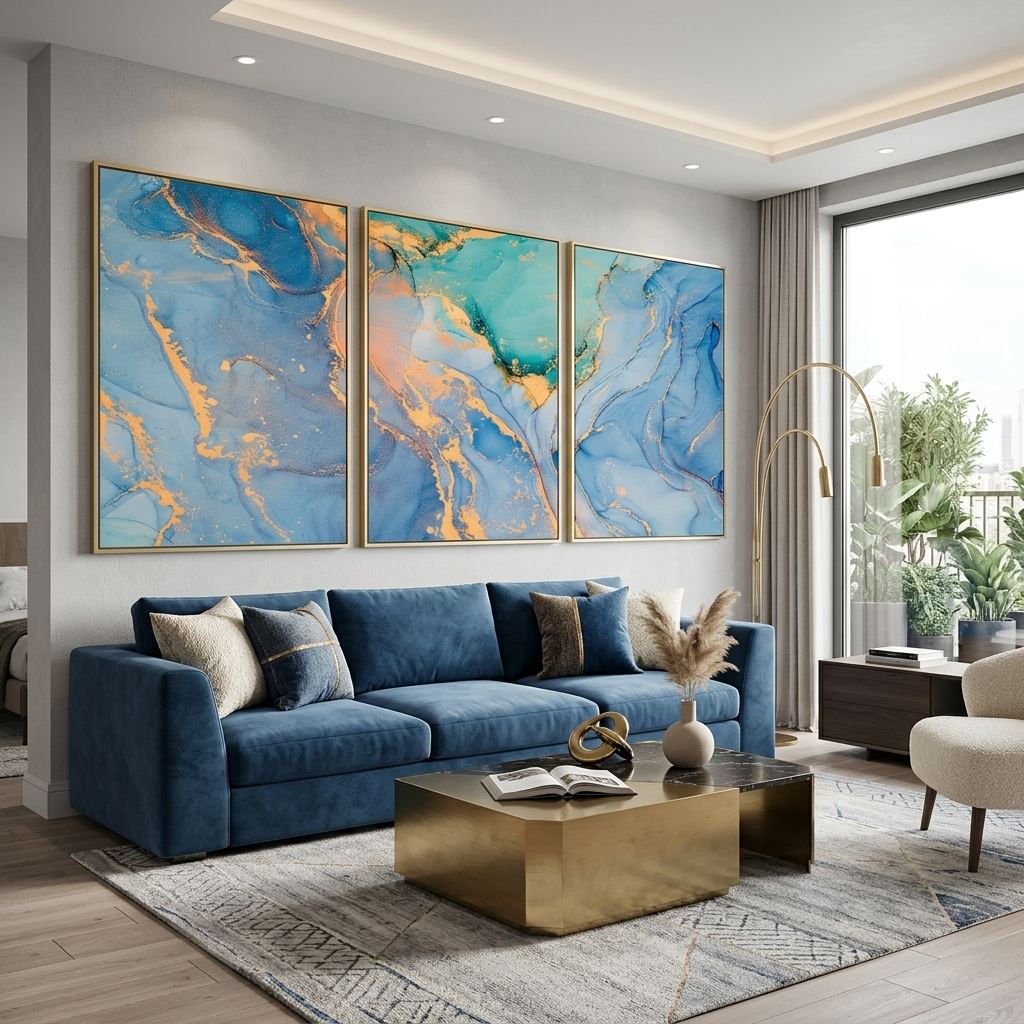 Modularer abstrakter Kunstdruck auf mehrteiliger Leinwand in Blau- und Goldfarben