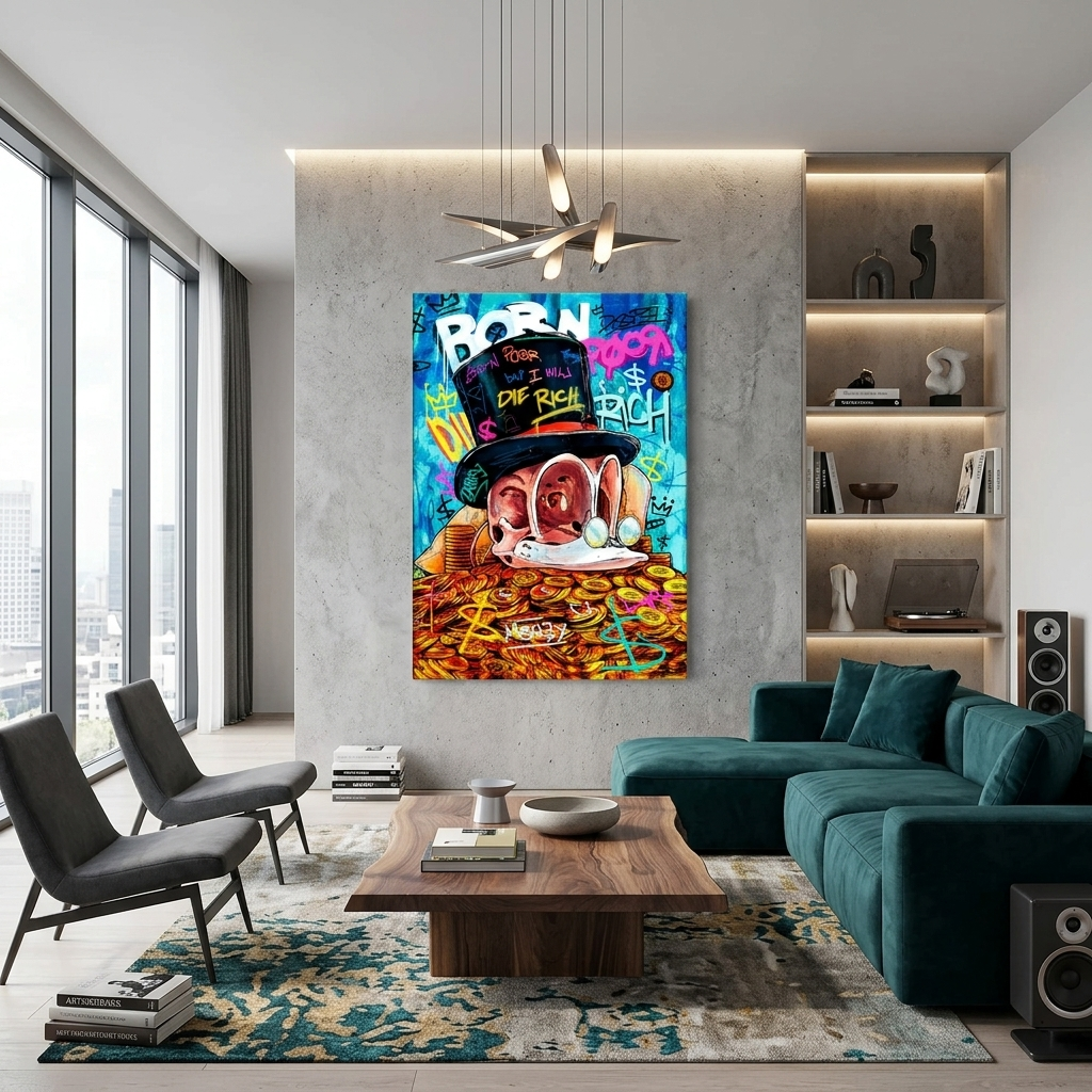 Dagoberts Totenkopf auf einem Haufen Goldmünzen. Inspirierender Kunstdruck auf Leinwand.