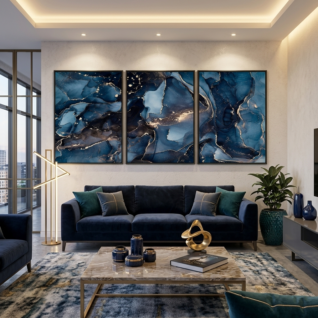 Modulare Abstraktion in Blau- und Goldtönen, mehrteiliger Kunstdruck auf Leinwand
