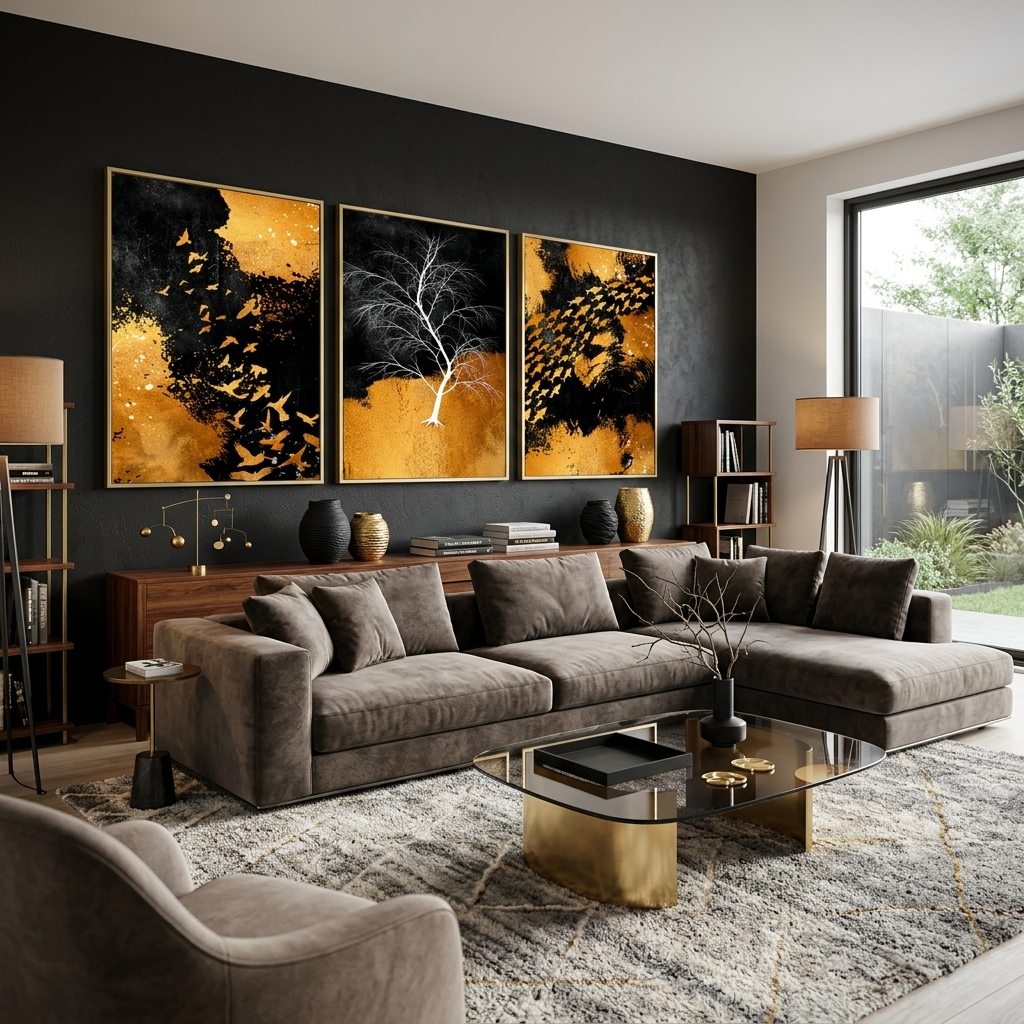 Modulare Abstraktion in den Farben Schwarz, Gold und Weiß. Mehrteiliger Kunstdruck auf Leinwand.