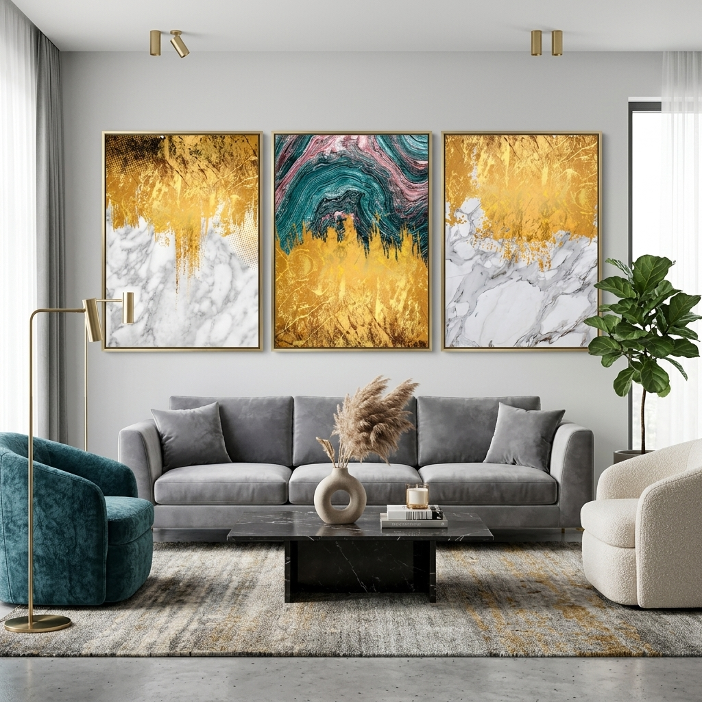 Modularer abstrakter Kunstdruck auf mehrteiliger Leinwand in Weiß, Grau und Gold
