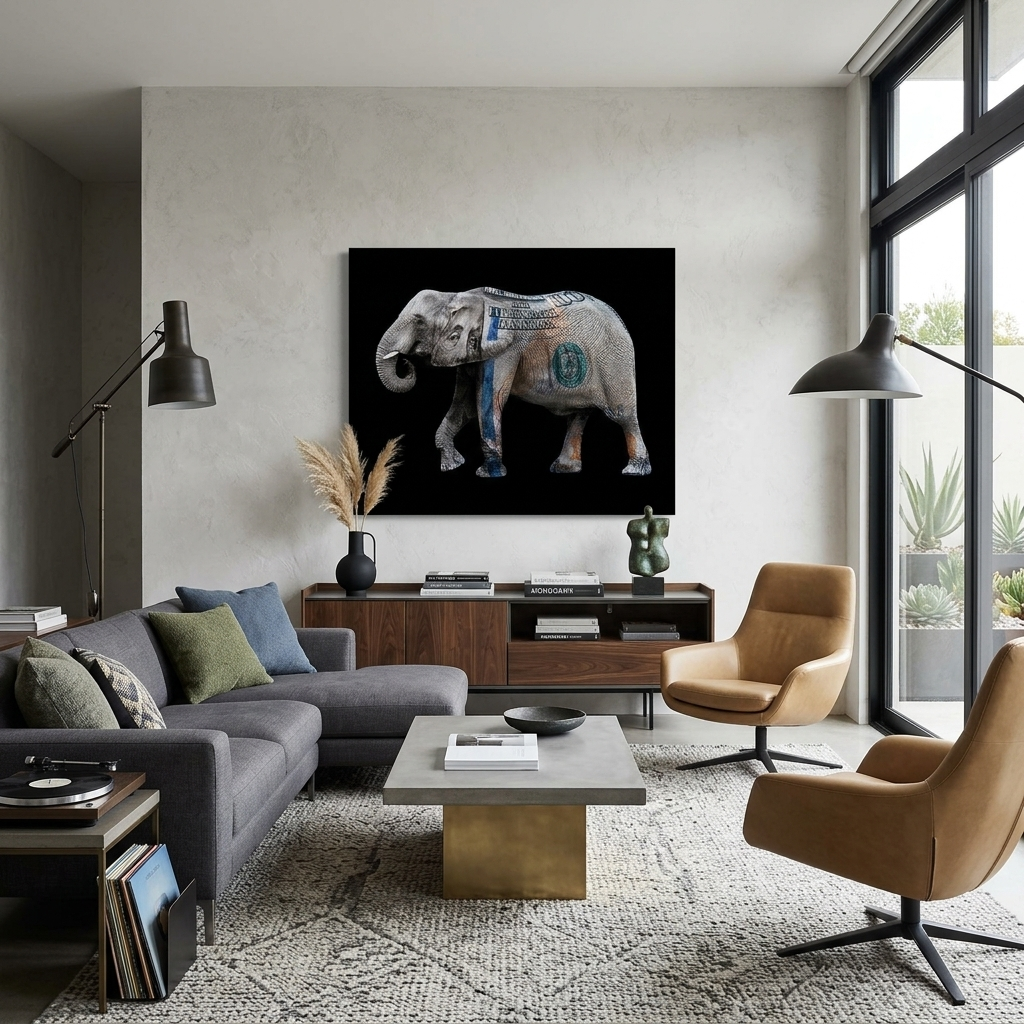 Ein Elefant in der Farbe eines Dollars. Inspirierender Kunstdruck auf Leinwand.