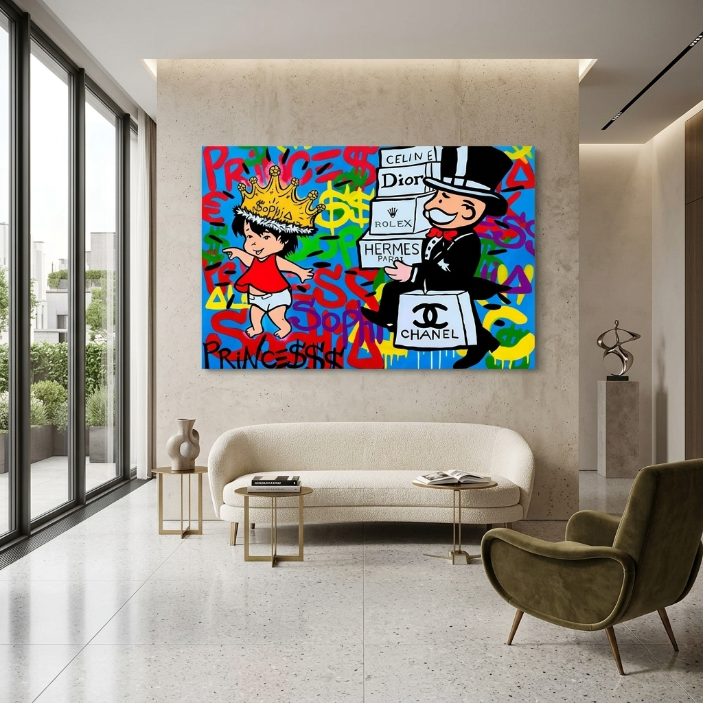 Alec Monopoly im Hintergrund des Graffiti-Kunstdrucks auf Leinwand