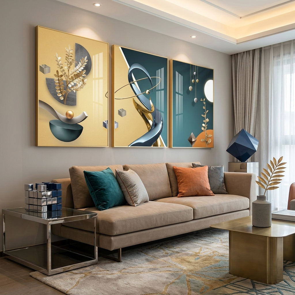 Mehrteiliger Kunstdruck auf Leinwand, Blau-Gold-Abstraktion