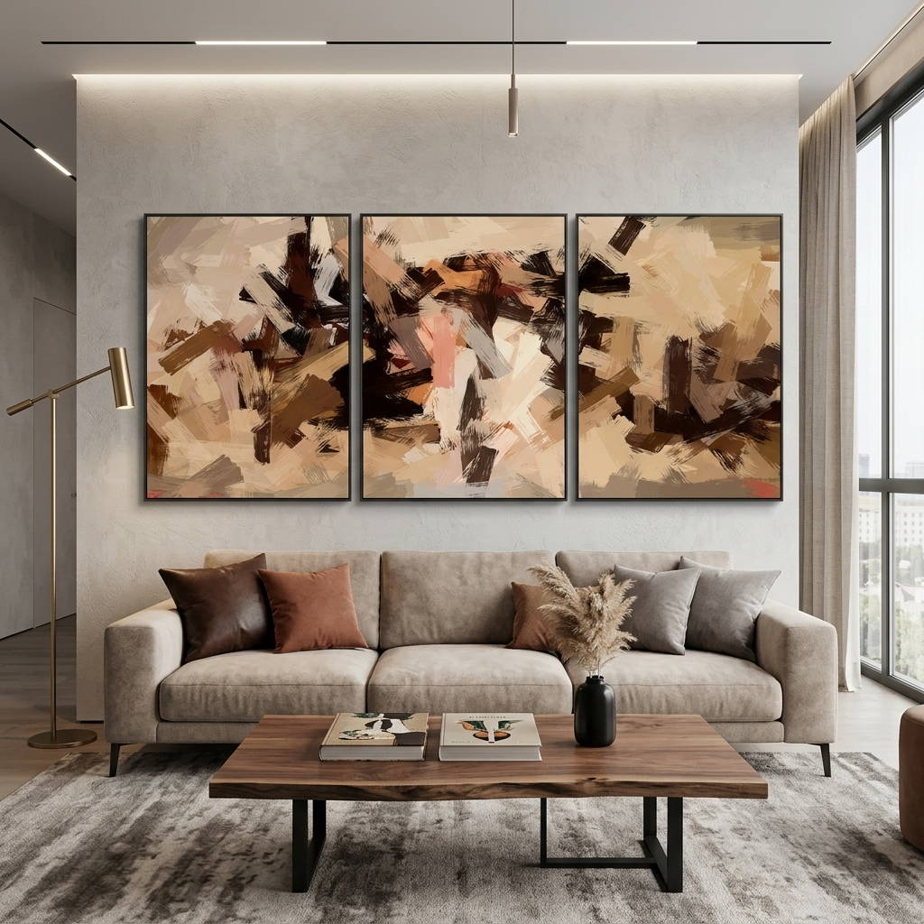 Modularer Kunstdruck auf Leinwand mit Pinselstrichen in Beige-Braun-Tönen, mehrere Teile