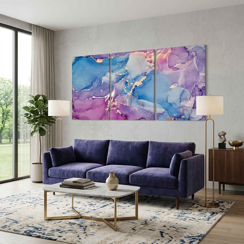 Modularer lila-blauer abstrakter mehrteiliger Kunstdruck auf Leinwand