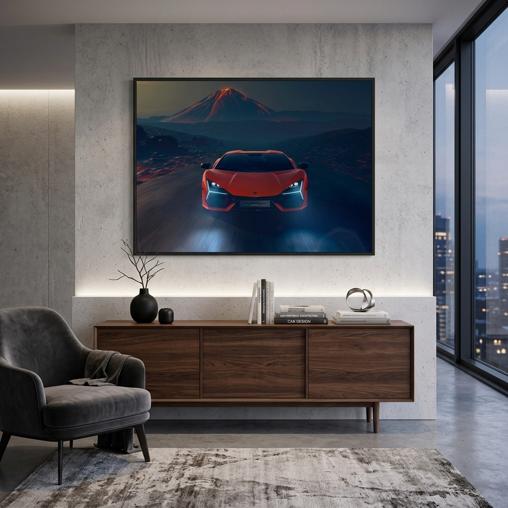 Leinwandbild, orangefarbener Lamborghini mit Vulkan im Hintergrund