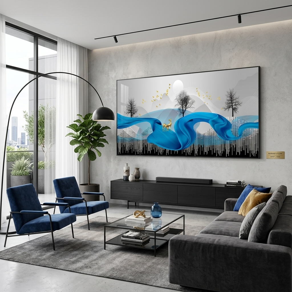 Zwei goldene Hirsche auf einer blauen Feder. Abstrakter Kunstdruck auf Leinwand