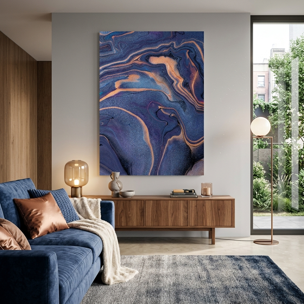 Marineblauer und goldener Abstraktions-Kunstdruck auf Leinwand