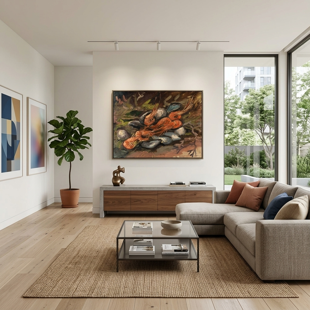 Reproduktion von Garnelen und Muscheln, Reproduktion auf Leinwand, Kunstdruck