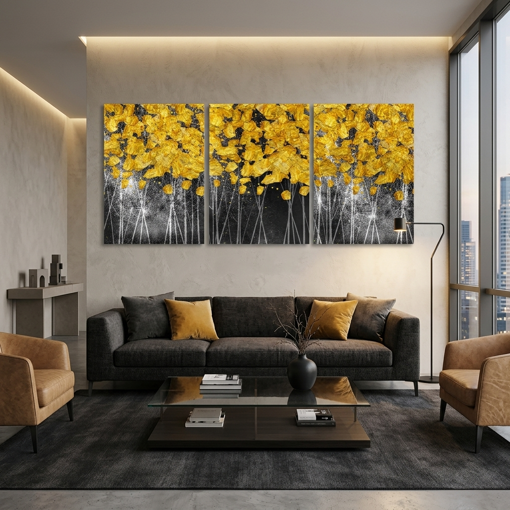 Modularer Kunstdruck auf Leinwand, mehrteilig, mit goldenen Punkten auf dunkelgrauem Hintergrund