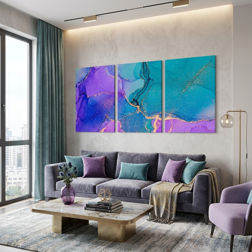 Modularer abstrakter Kunstdruck auf Leinwand, mehrteilig, Türkis und Lavendel