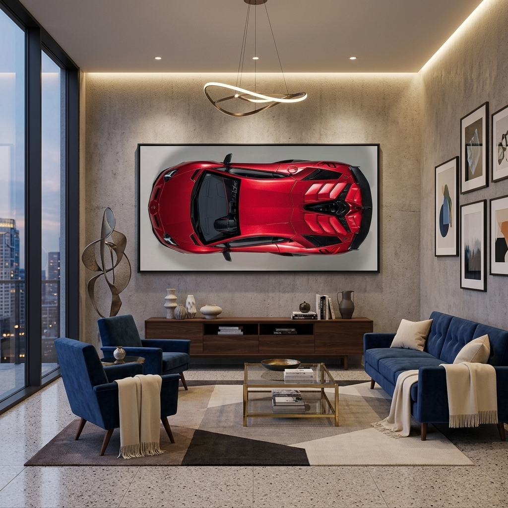 Das Auto ist ein kirschroter Lamborghini-Kunstdruck auf Leinwand.