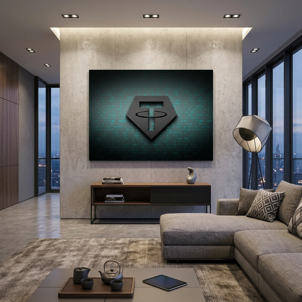 Tezer USDT Logo Binärcode Inspirierender Kunstdruck auf Leinwand