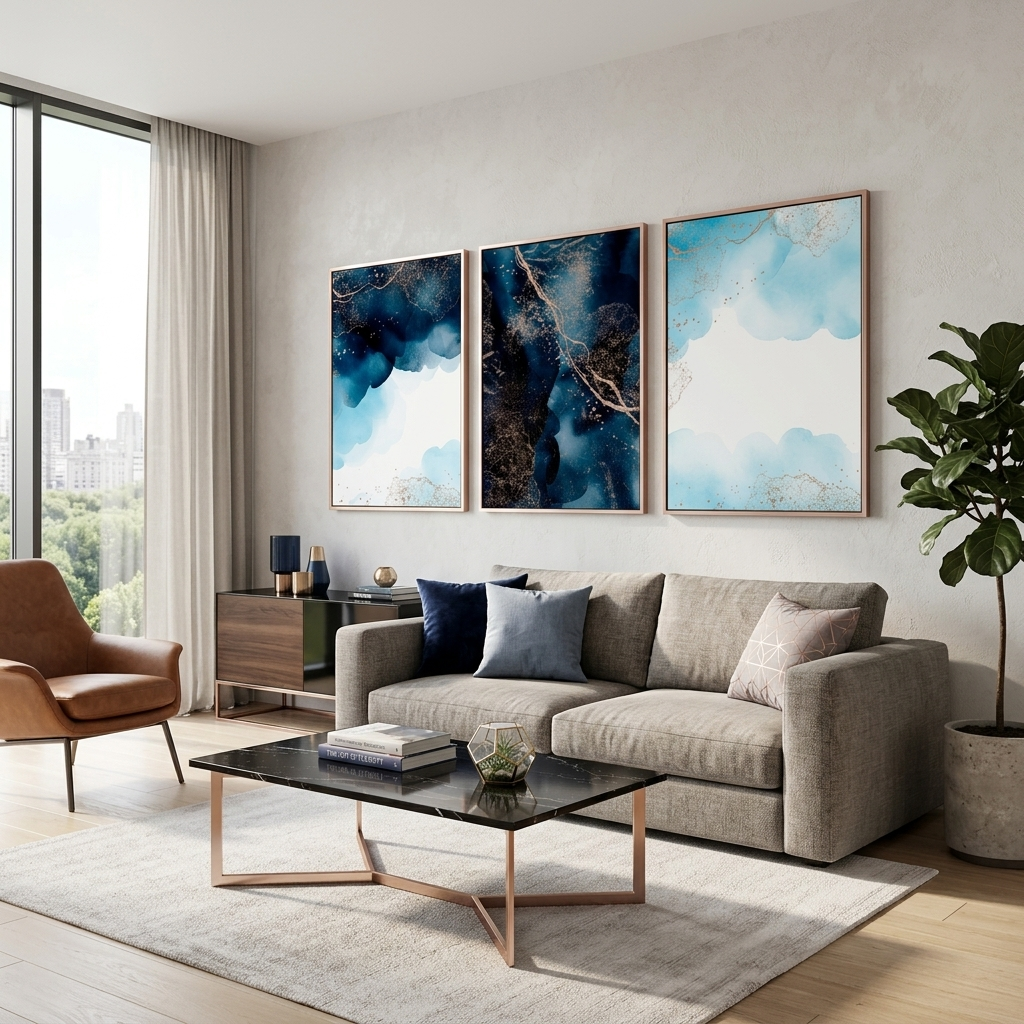 Modularer Kunstdruck auf Leinwand, abstrakt, Marineblau mit goldenen Elementen, mehrere Teile
