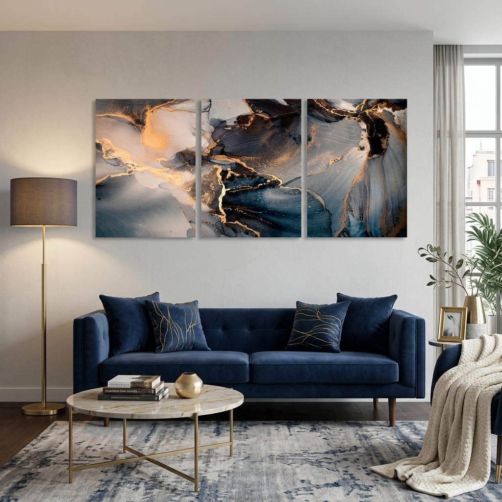 Modularer Kunstdruck auf mehrteiliger Leinwand in Marineblau mit abstrakten goldenen Elementen