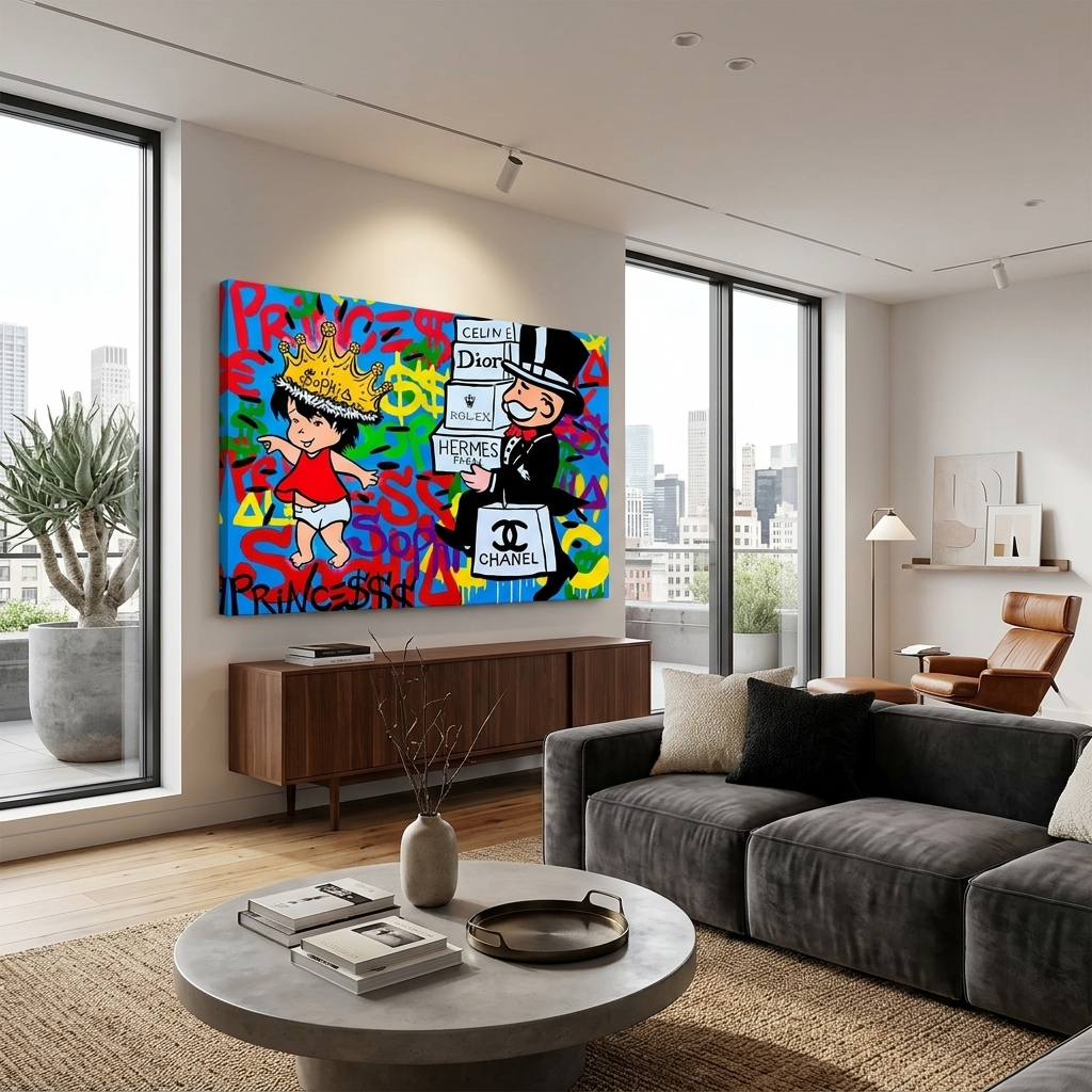 Alec Monopoly im Hintergrund des Graffiti-Kunstdrucks auf Leinwand