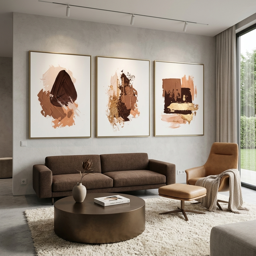 Modularer Kunstdruck auf Leinwand, mehrteilig, mit braun-beigen Strichen