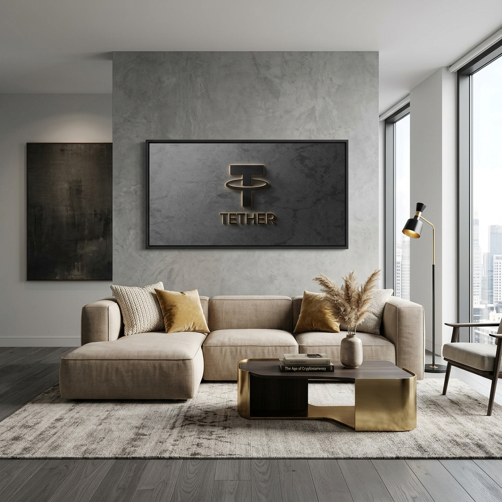 Tether USDT Kryptowährungslogo auf grauem Hintergrund Inspirierender Leinwand-Wandkunstdruck