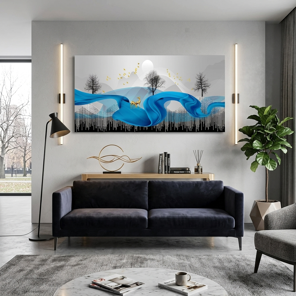 Zwei goldene Hirsche auf einer blauen Feder. Abstrakter Kunstdruck auf Leinwand