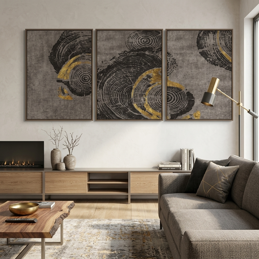 Modularer Kunstdruck auf Leinwand, abstraktes graues Holzmaserungsmuster, mehrteilig