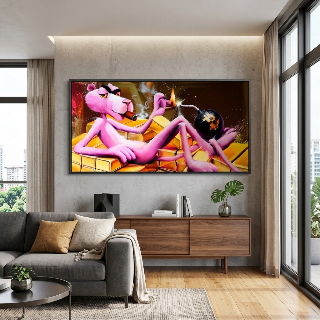 Pink Panther, Gold und Bitcoin Inspirierender Kunstdruck auf Leinwand