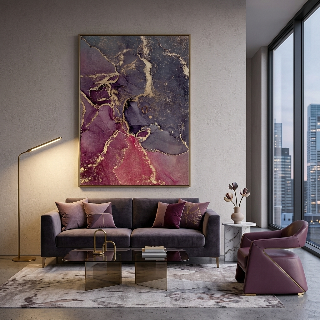 Pudergraue Farbtöne mit rot-burgunderfarbenen und goldenen Elementen Abstrakter Kunstdruck auf Leinwand