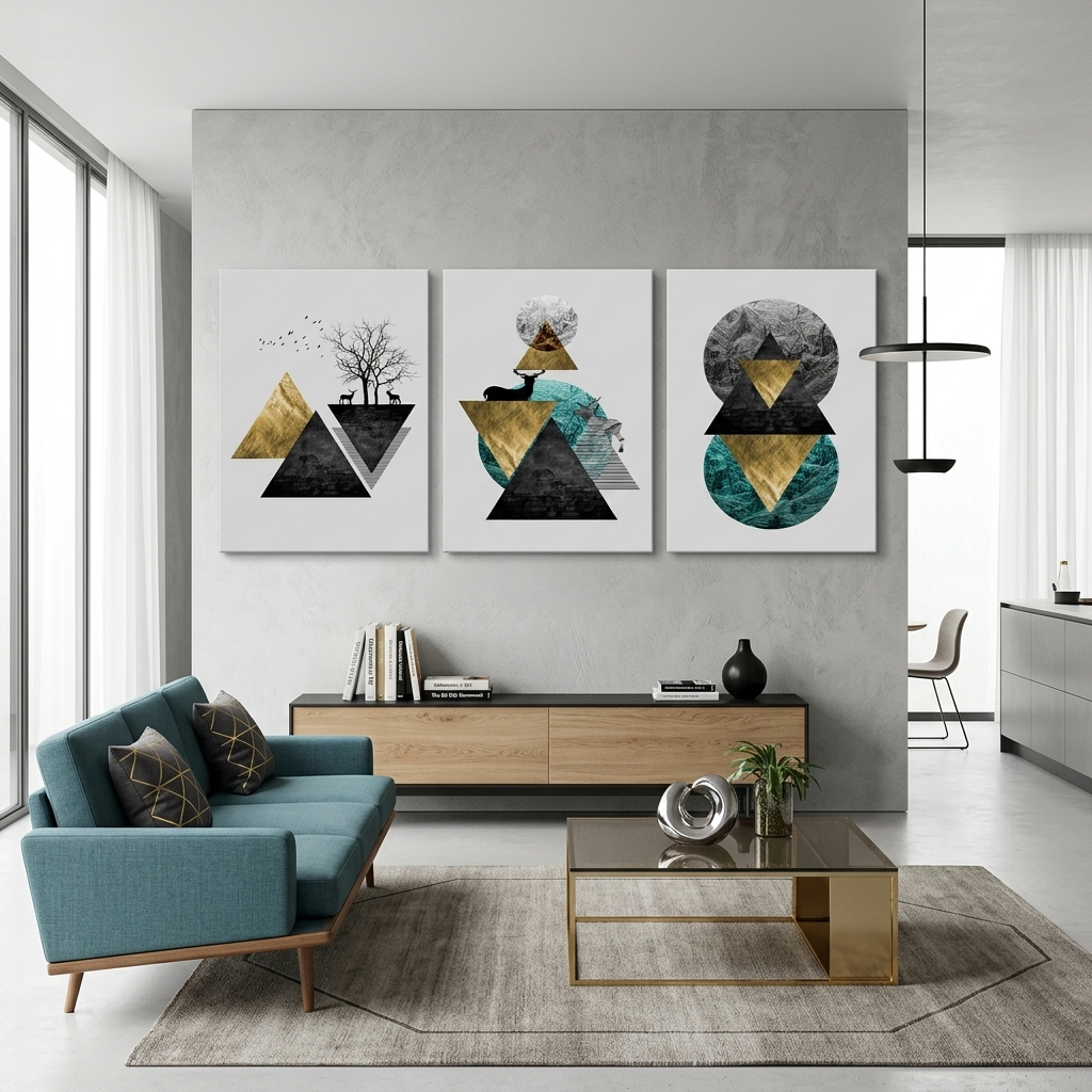 Modularer abstrakter Kunstdruck auf weißem Hintergrund mit geometrischen Formen, mehrere Teile auf Leinwand