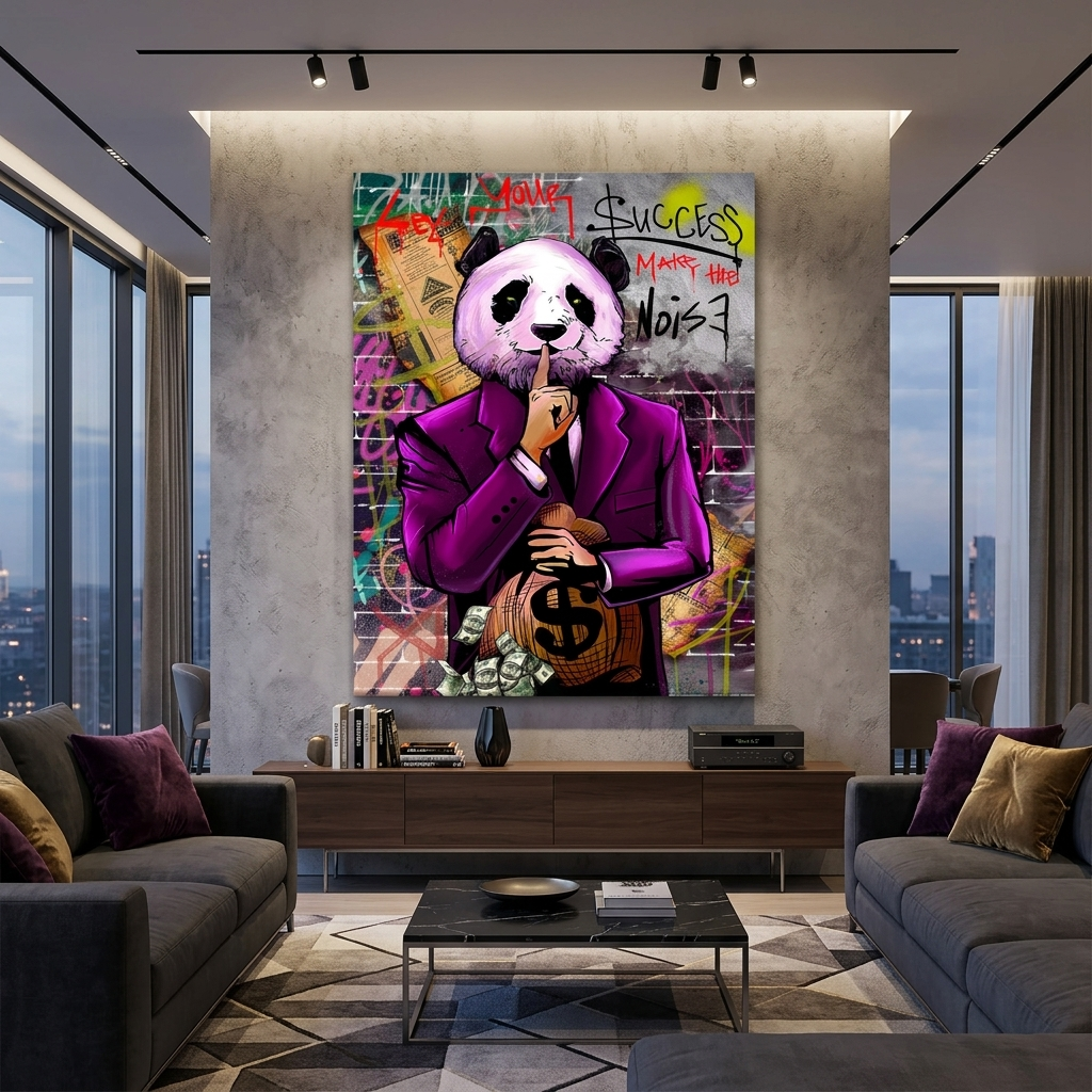 Zur Motivation Geld Panda Machen Sie den Lärm Motivierender Leinwand-Wand-Kunstdruck