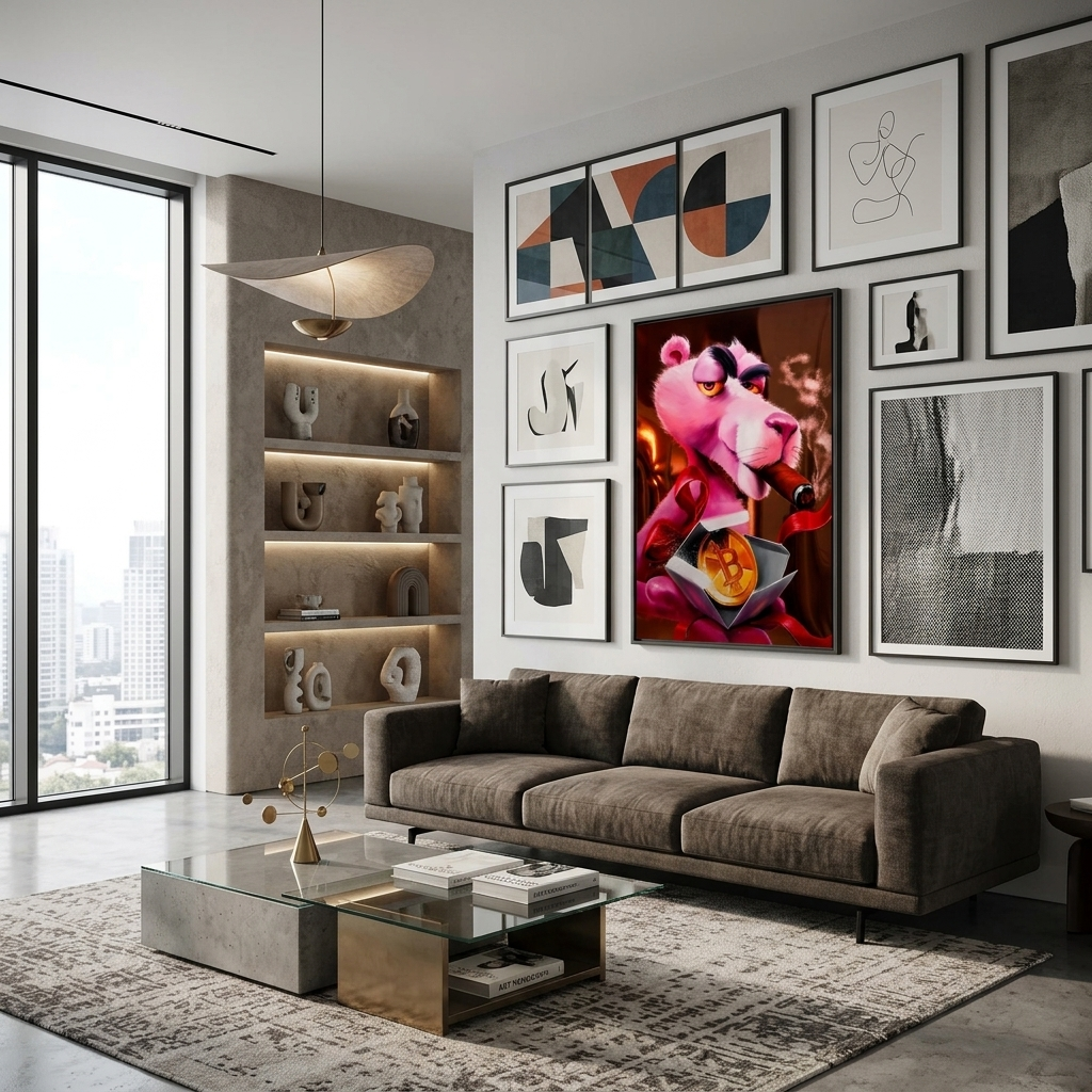 Inspirierender Leinwanddruck „Pink Panther und Bitcoin“
