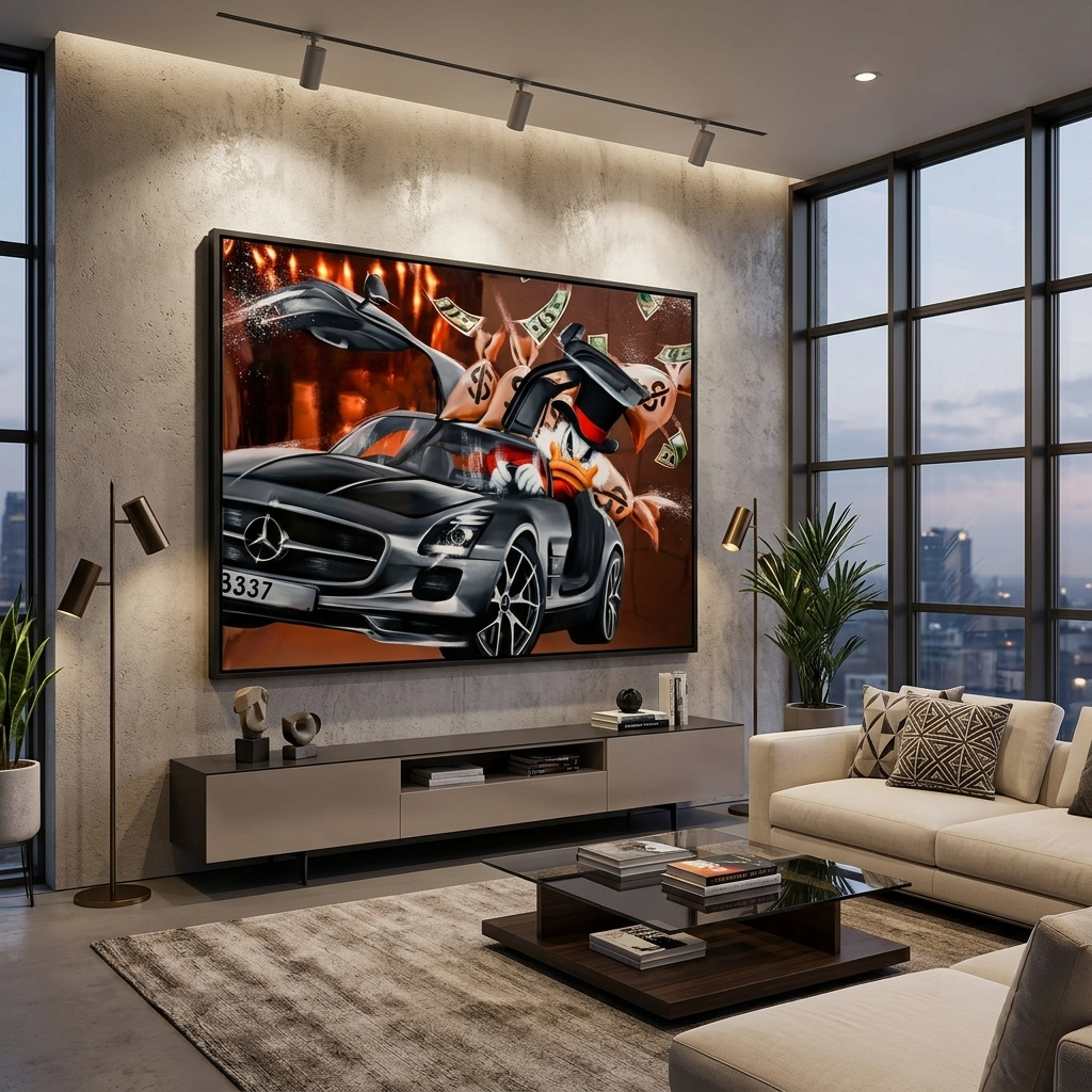 Inspirierender Kunstdruck auf Leinwand, Motiv „Scrooge Mercedes“