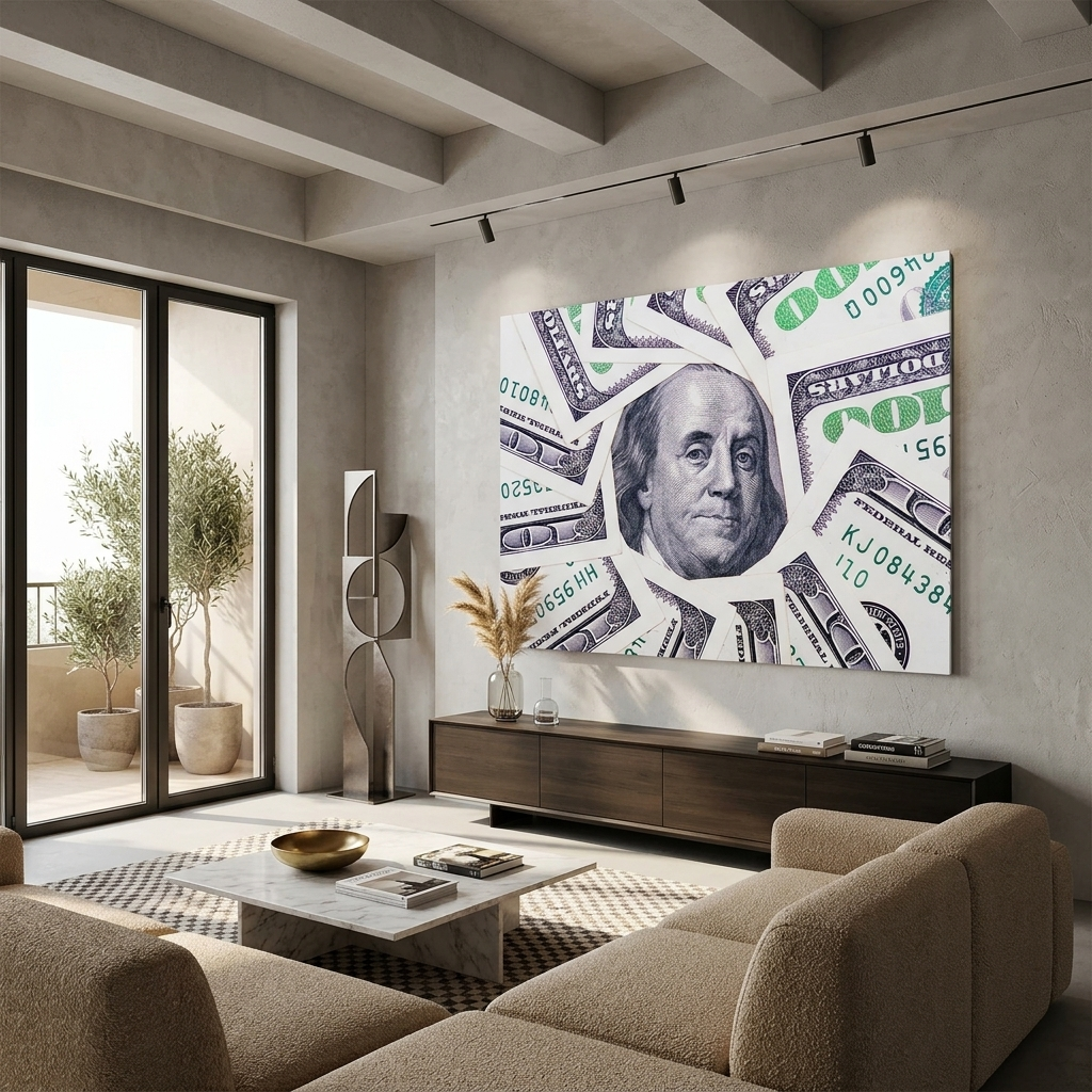12 100-Dollar-Scheine, mit einem Bild von Franklin in der Mitte. Inspirierender Kunstdruck auf Leinwand