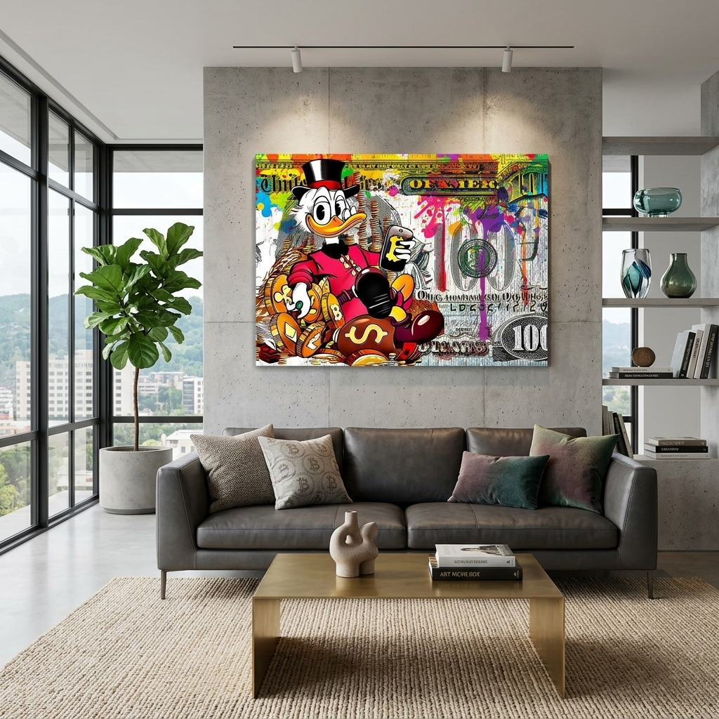 Scrooge 100 Dollar Inspirierender Kunstdruck auf Leinwand