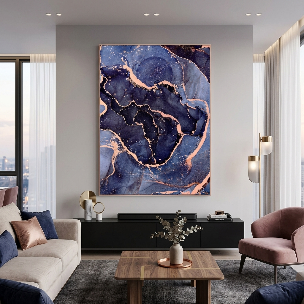 Marineblaues abstraktes Bild mit goldenen Elementen Abstraktion Leinwandbild Wandbild