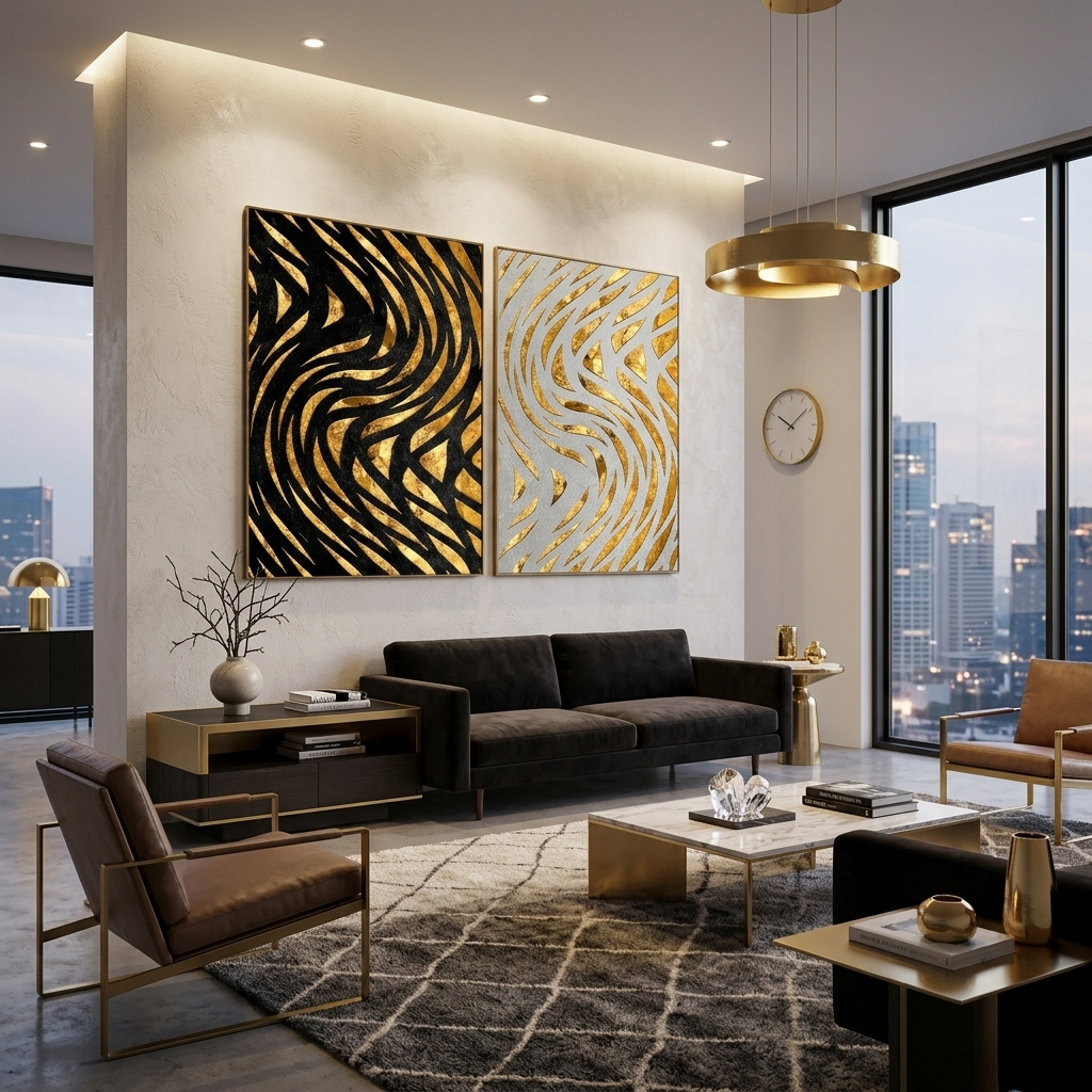 Modularer abstrakter goldener Linien auf weißem und schwarzem Hintergrund, mehrteiliger Leinwand-Kunstdruck