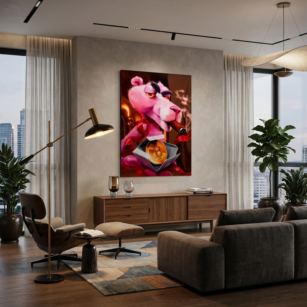 Inspirierender Leinwanddruck „Pink Panther und Bitcoin“