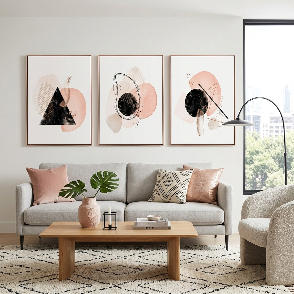 Modular abstract black with powder tones Multi Panel Canvas Wall Art Print