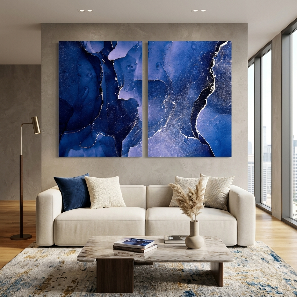 Modularer blauer abstrakter Kunstdruck mit weißen Linien und blauen Farbtönen, mehrteilig, auf Leinwand