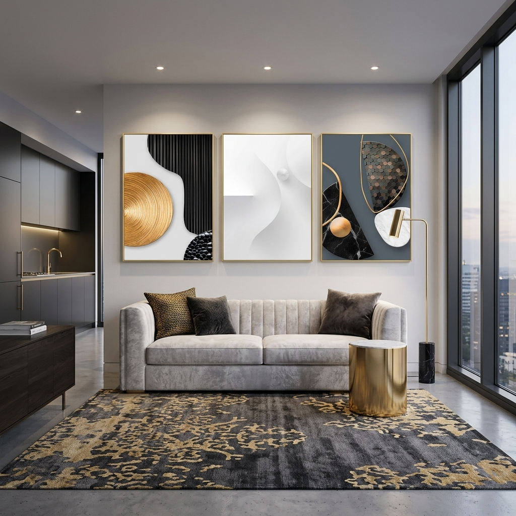 Modularer Kunstdruck auf Leinwand, graue Figuren mit Schwarz- und Goldtönen, mehrere Teile